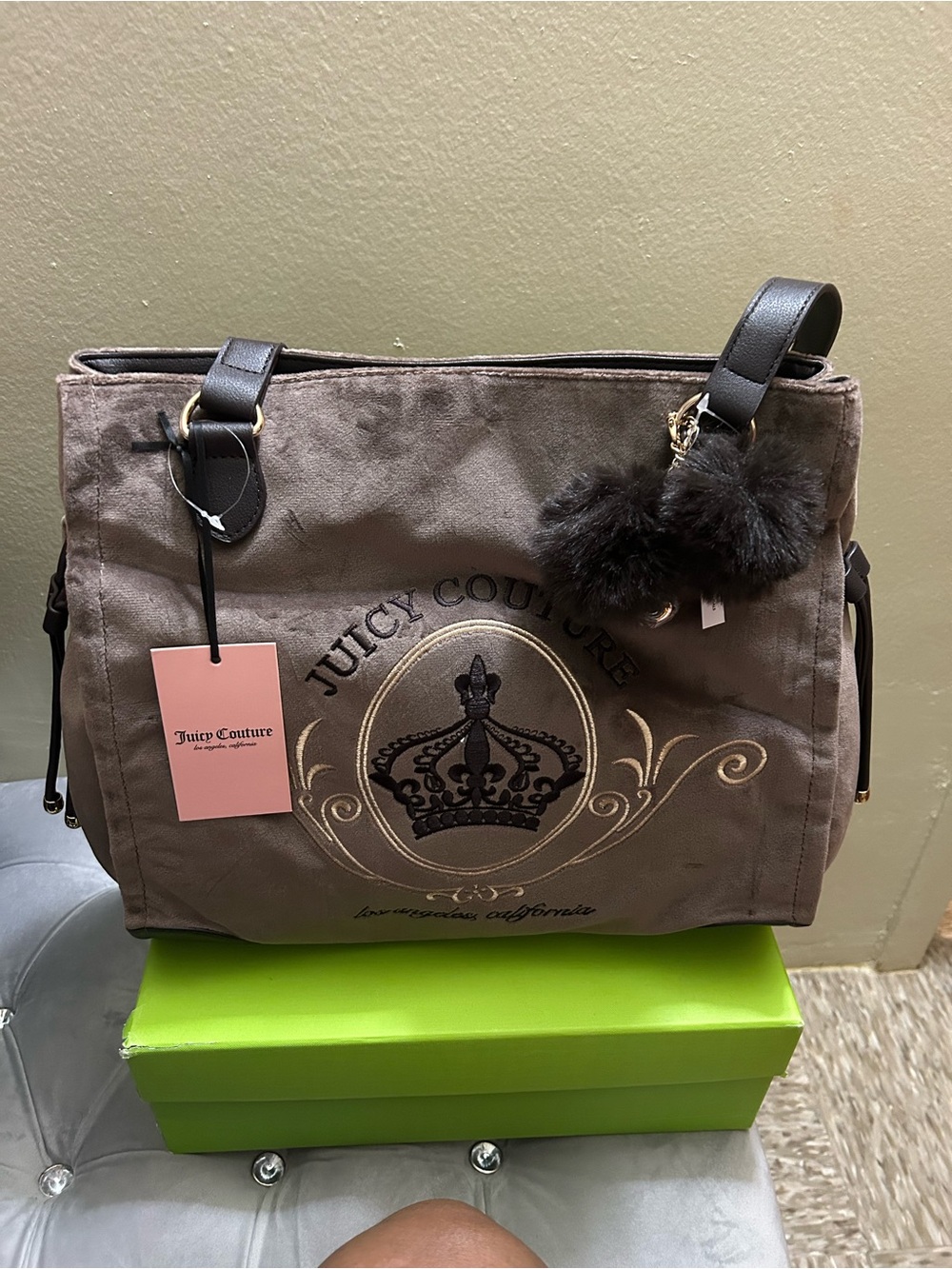 Juicy Couture Brown Canvas Tote Bag with Fur Charm